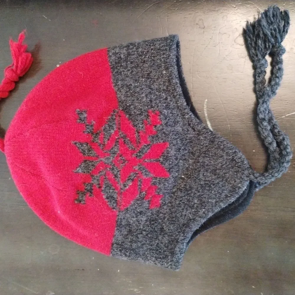 Red Gray Snowflake Holiday Wool Blend Knit Earflap Beanie Hat with Tassels